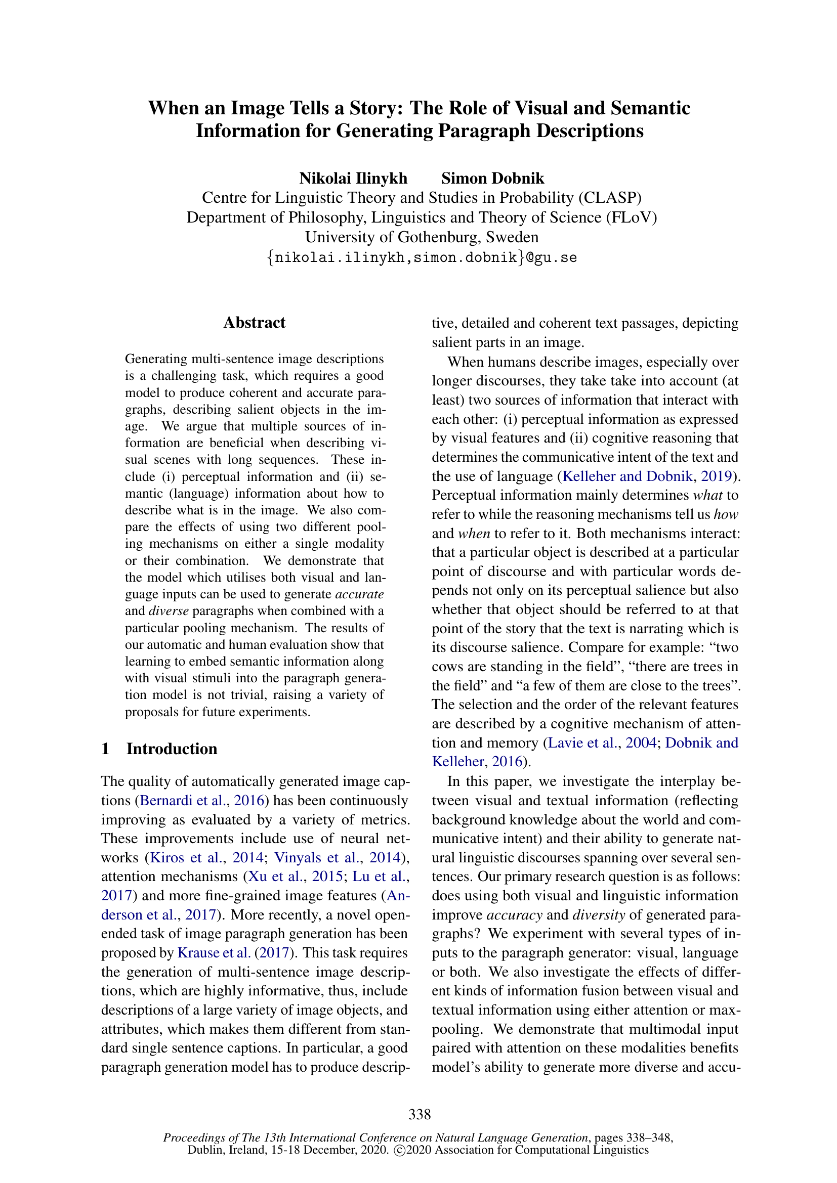 When an Image Tells a Story: The Role of Visual and Semantic Information for Generating Paragraph Descriptions